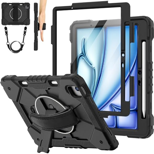 Hülle für iPad Air 11 (2026/2025/2024) M4/M3/M2, 360° Drehbarer Ständer und Handschlaufe, Schultergurt, Stifthalter (Schwarz)