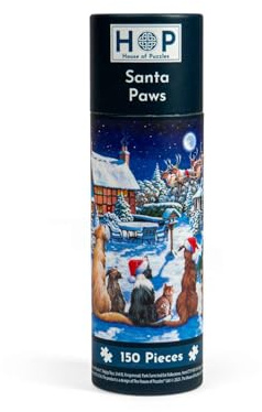 The House of Puzzles Santa Paws, 150 Piece Mini Jigsaw Puzzle Tube | Christmas & Animal Theme, Mini Travel Jigsaw, Sustainable Board, Gift & Stocking Filler for Dog & Cat Lovers, Adults & Kids