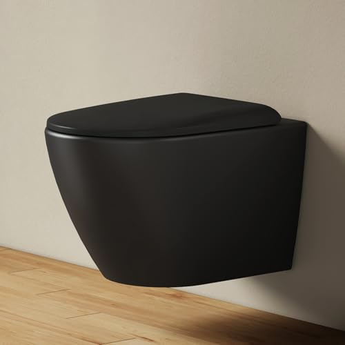 EMKE Inodoro colgante negro mate, 490 × 370 × 370 mm, pared inodoro sin bordes, con doble orificio de contracorriente y descarga de varios orificios, taza de inodoro de cerámica, asiento de inodoro de