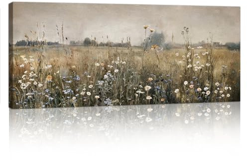 Großes Vintage Wildblumen Feld Leinwandbilder Wandbilder Mit Rahmen, Wiese mit Blumen Landschaft Bild Auf Leinwand Wandkunst Modernes Bauernhaus Kunstdruck Deko für Wohnzimmer Schlafzimmer 120x50cm