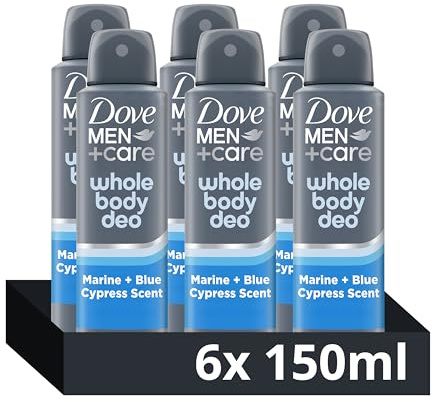 Dove Men+Care Whole Body Deodorant Spray Marine & Blue Cypress 150ml, 6 Pack - 72H Odour Protection Performance Aerosol, Aluminum Free & Alcohol Free Formulation, Dermatologically Tested
