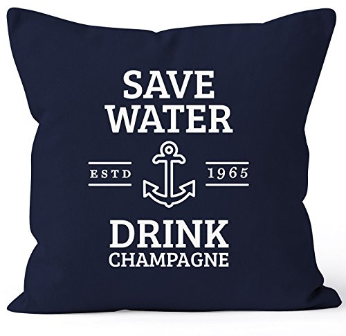 MoonWorks Kissenbezug Save Water Drink Champagne Kissen-Hülle Baumwolle Navy 40cm x 40cm