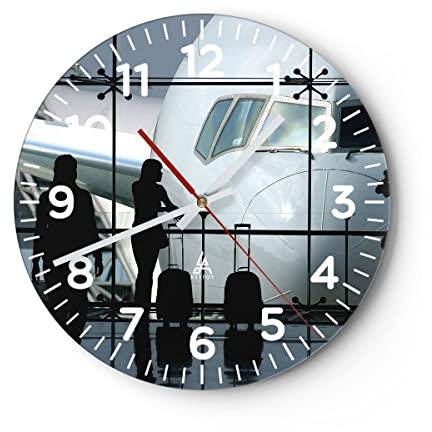 Modern Wanduhr Flugzeug Flughafen Passagiere 30x30cm Rund Klein Wand Uhr Glas Analog Zimmeruhren Küche Büro Wohnzimmer Glasuhr Wall Clock Dekoration Design Wanddekoration Küchenuhr C4AR30x30-0130