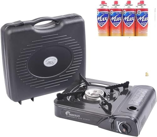 Maxsun Camping Gas Stove, Cooker, Portable Outdoor Single Burner, Available with Camping Gas, Butane Canisters, Lightweight, Safe Perfect for Picnics BBQ with Bonus Bag (stove + 4 Butane gas)