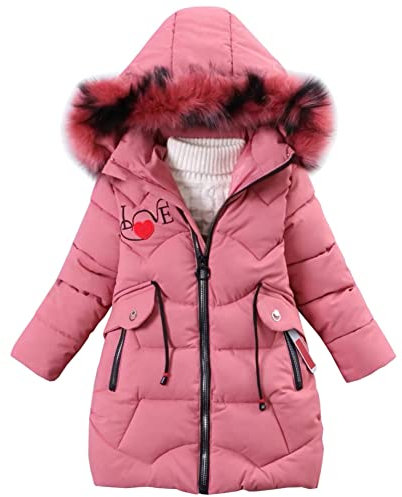 Yfpico - Piumino per bambina, cappotto imbottito con cappuccio e pelliccia, giacca invernale da ragazza, giacca spessa calda, antivento, Rosa, 9-10 Anni