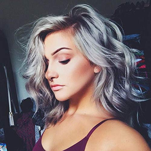 Colorful panda Grau ombre gemischt braun kurze gewellte bob perücken mit Pony für frauen, schulterlange lockige synthetische perücke, natürliches haar hitzebeständige faser perücke 14 Zoll