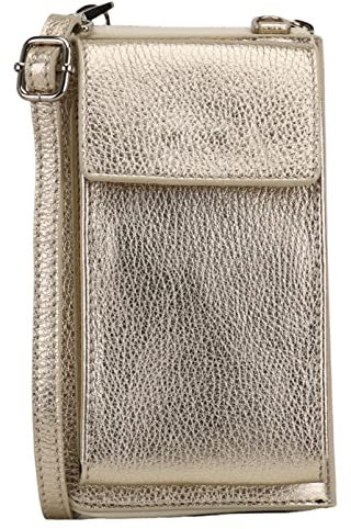 SH Leder Damen Handytasche Umhängetasche Geldbörse Multifunktion Beutel aus Echtleder Verstellbar Schultergurt Handy bis 6,5 Zoll 11,50x19cm Sarah G339 (Gold Metallic)