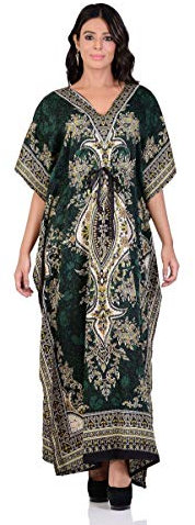 Shah Crafts. Women Kaftan Dress Tunic Kimono Long Maxi Casual Gown Nightdress Beach Cover Up Caftans Plus Size Green