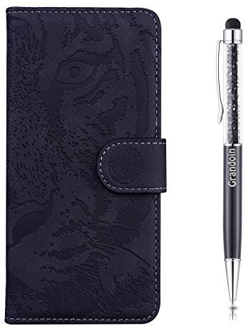 Grandoin Kompatible mit LG K40S Hülle, Stoßfeste Handytasche PU Leder Etui Flip Cover Geprägter Tiger Muster Book Case Schutzhülle mit [Magnetverschluss] Etui Case für LG K40S(Schwarz)