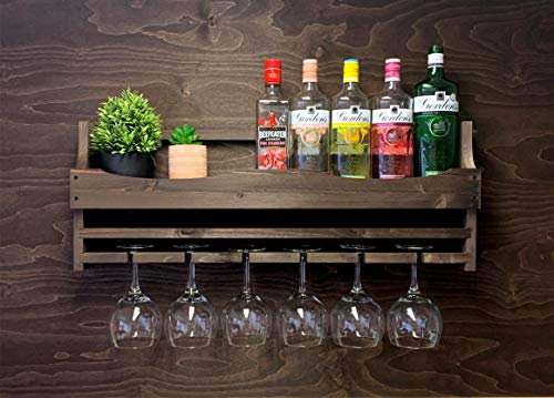 Wooden Dark Oak Gin Bottle and 6 Balloon Glass holder - Wall Mounted Display (6GDO)(EM)