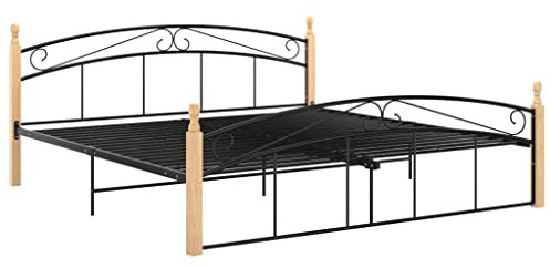 vidaXL Eichenholz Massiv Bettgestell Bett Metallbett Doppelbett Lattenrost Schlafzimmerbett Bettrahmen Schlafzimmermöbel Schwarz Metall 180x200cm