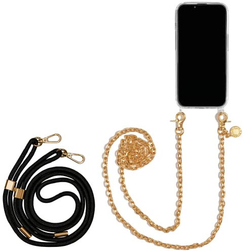 Jalouza Handykette iPhone 13 Pro inklusive Kordel und Hülle – Handykette Gold und Kordel in Schwarz Gold, Handyhülle zum umhängen Handy Kette Phone Strap