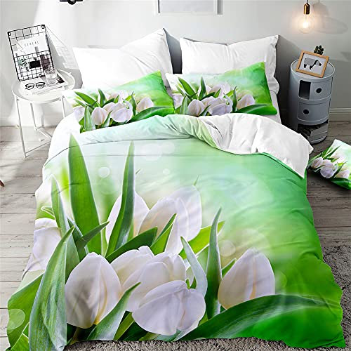 Hiseng Bettwäsche-Set 3 Teilig - Tulpe Blumen Drucken Bettwäsche Set - Mikrofaser Bettbezug und Kissenbezug - 3D Bedrucktes Erwachsene Kinder Bettwäsche-Set (Weiße Tulpe,200x200cm)