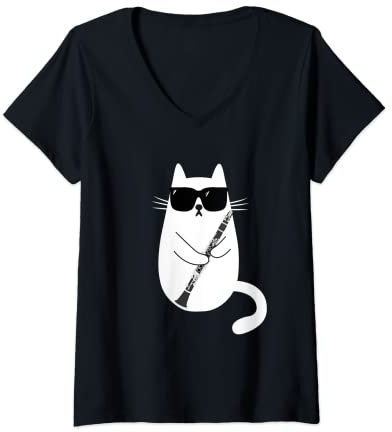 Damen Lustige Katze mit Sonnenbrille Klarinettist Klarinette Musik T-Shirt mit V-Ausschnitt