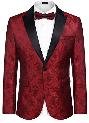 COOFANDY Men's Floral Paisley Formal Tuxedo Suit Jacket Dress Dinner Party Prom Weeding Blazer, Wine Red, M