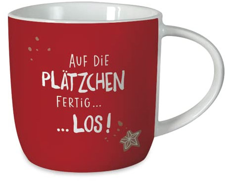 Grafik-Werkstatt Kaffeetasse mit Spruch 300 ml | Porzellan-Tasse Weihnachten | Auf die Plätzchen fertig los, 61750, Rot