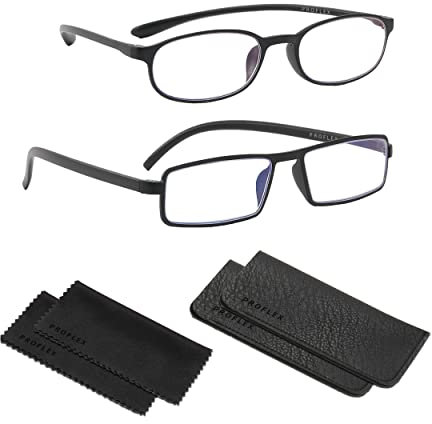 PROFLEX BluOptix UltraLight Blue Light Blocking (2 styles pack) unbreakable flexible, scratch resistant, unisex (mens + womens), computer screen technology reading glasses (black, +1.0)