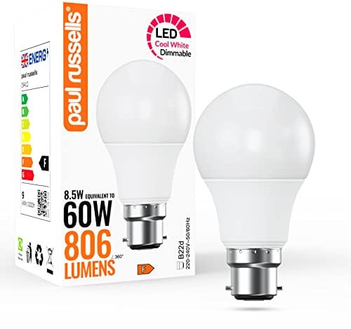 paul russells LED GLS - Dimmable Bayonet Light Bulbs, 8.5W 806Lumens B22 A60 LED Bulbs, 60w Equivalent, 4000K Cool White/Natural White, Dimmer Standard BC Energy Saving Ceiling Light, Pack of 1