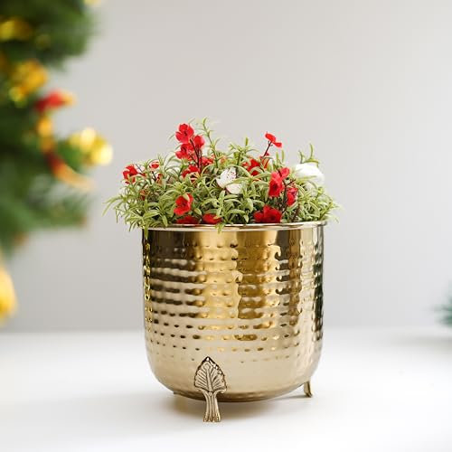 BEHOMA Maceta de Metal Dorado Martillado para decoración del hogar, decoración para Interiores y Exteriores, balcón, Sala de Estar (Planta no incluida) estándar Dorado
