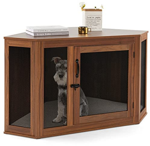 COSTWAY Hundekäfig für den Innenbereich, XXL, Eckkäfig für Haustiere, mit abschließbarer Tür, Kissen, Metallgitter, Hundehütte, Hundekiste, moderner Möbelstil, 114 x 60 x 68 cm