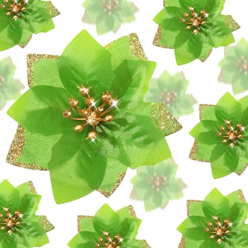 WILLBOND 36 Stück 3 Größen Glitzer Weihnachtsblumen Künstliche Weihnachtsstern Blumen Weihnachtsbaum Blumenschmuck Glitzernde Weihnachtsbaum Blumen für Weihnachten Neujahr (3/4/ 6 Zoll, Hellgrün)