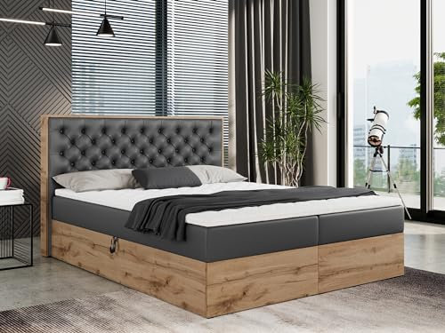 MKS MEBLE Boxspringbett 180x200 mit Bettkasten Holz Holzrahmen, Boxbett 180x200 mit Matratze H4 und Kopfteil - Grau Kunstleder - Albero-3