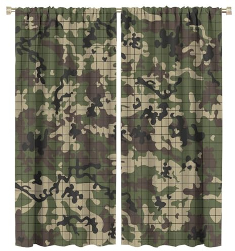 SHElifestyle Kids Camo Window Curtains, Military Camouflage Window Treatments for Boys Bedroom Classic Army Template with Grid Window Drapes for Playroom Living Room 42x45in