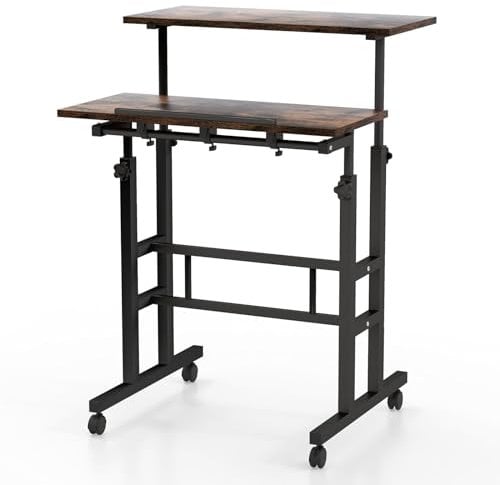 CASART Height Adjustable Rolling Computer Desk, 2-Tier Standing Desk with Wheels & Tilting Top, Home Office Computer Workstation Mobile Laptop Table for Bedroom Study Small Spaces (Brown)