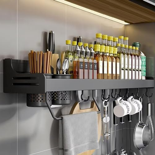 VFDC Gewürzregal Wand, Gewürzregale Ohne Bohren, Gewürzhalter aus Metall, Gewürz Organizer mit Haken und 2 Besteckkorb, Küchenregal Hängend mit Handtuchhalter und Messerblock, Schwarz, 80cm