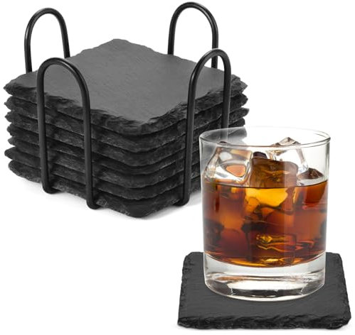 8 Pièces Dessous de Verre, sous Verre en Ardoise avec Support, Dessous de Verre Noirs Antidérapants pour Bar, Cuisine, décoration de maison-10 x 10 cm