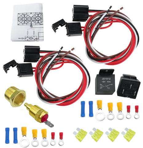 DSkoiph 40 AMP 12V Cooling Fan Relay Switch Kit 4 Pin Dual Electric Fan Wiring Kit Radiator Electric Fan Thermostat Kit Temperature Sensor Switch 185 On 175 Off
