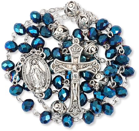 Nazareth Store Collana Rosario Misteriosa con Grani di Preghiera Cristallo da 8 mm e Lega da 10 mm, Medaglia Miracolosa e Croce Cattolica (Blu)