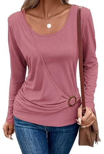 ABYOVRT Camicia Donna Manica Lunga Camicette Girocollo Maglie Bluse Magliette Casual Shirts Tops Classico Autunno Invern,Rosa,L