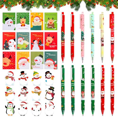 Weihnachts Gelschreiber Set, 12 Weihnachtsgel Tinte Stifte Cartoon + 12 Mini Weihnachten Notizblöcke, 12 Haftnotizen Klebezettel Weihnachten,Weihnachtsfeier Geschenk Schulbüro Familie Partytüte Füller