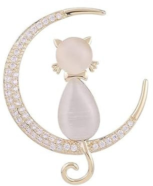 Strass Lune Chat Broche Pour Femmes Filles Plaqué Or Pierre De Lune Animal Chaton Broches Épinglettes Mignon Noël Anniversaire Vacances Bijoux Cadeau Pour Fille Nièce