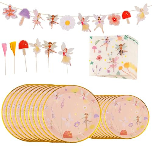 Party Tableware Set Fairy Party Tableware Birthday Decoration Colourful Paper Plates Birthday Plates Napkins for 10 Guests Paper Cups Cupcake Toppers Birthday Party Cake Decoration