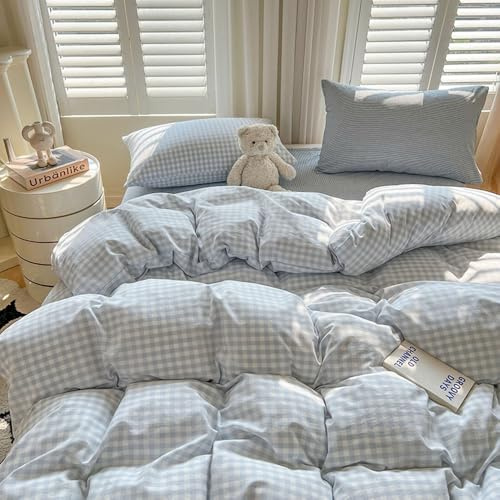 Nyescasa Housse de Couette 200x200cm Bleu et Blanc à Carreaux Vichy Moderne | Parure de lit Adulte 2 Personnes en Microfibre Lavé, Sets de Housses de Couettes, Fermeture Éclair, 2 Taies d'oreiller 65x65