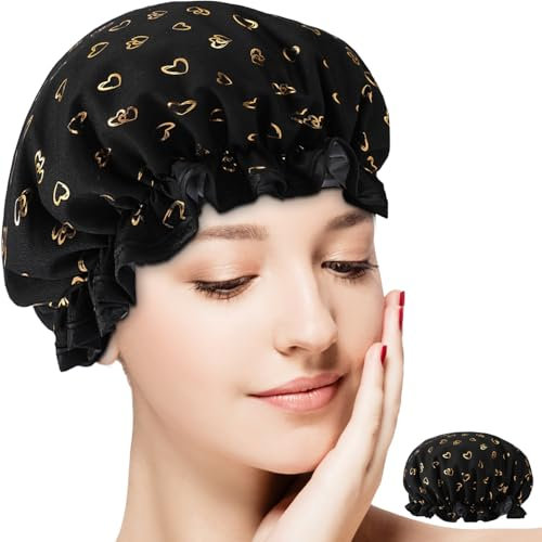 Double Layer Shower Cap for Women Waterproof Reusable Elastic Band, Ruffled Edges Covering Ears for Long, Short & Curly Hair (Black Heart)