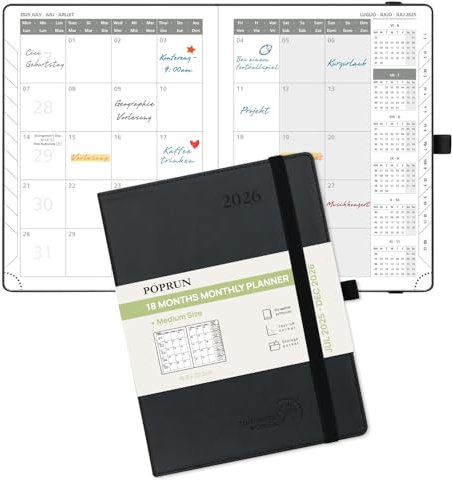 POPRUN Kalender 2025 2026 Monatsplaner 22 x 16,5 cm - 18 Monate Monatskalender Softcover A5 (Jul.2025-Dez.2026) - 1 Monat 4 Seiten, mit PU-Leder, 100 GSM Papier - Schwarz