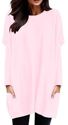 Pull long à manches longues pour femme - Sweat-shirt long - Avec poches - Col rond - Décontracté - Décontracté - Hauts élégants - Couleur unie - Robe longue - Robe chemisier, Rose, XL