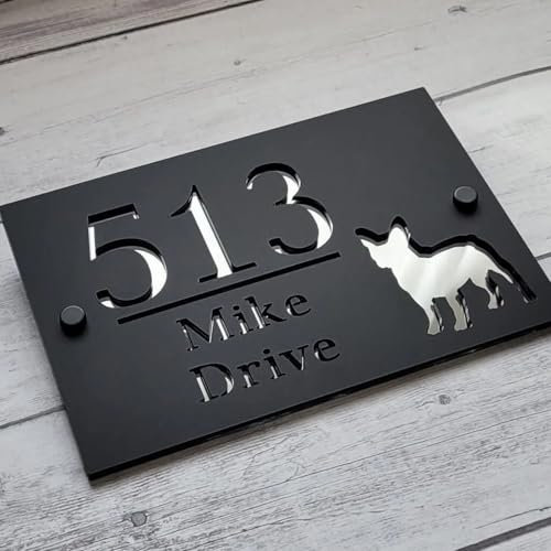 Custom House Number Sign,Door Number with Dogs,Modern House Numbers for Outside,3D Acrylic Laser Cut Personalized House Numbers Plate Plaque Dog House Sign Wall Art (30x18cm,Black Gold)