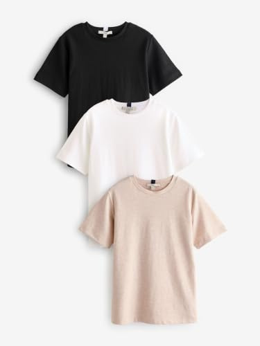 NEXT Damen Schweres Basic-T-Shirt 100% Baumwolle, 3er-Pack Black/White/Beige 44