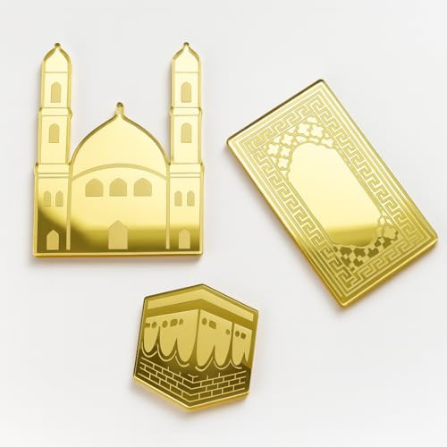 Umrah Mubarak With Signpost Acrylic Cake Charm Topper, Gold Mirror, Laser Cut, 3mm Thick, Premium Quality 2 Pcs (Add-On 3Pcs Gold Mirror Acrylic Mosque, Prayer Mat, Kaabah Cake Charms Set)