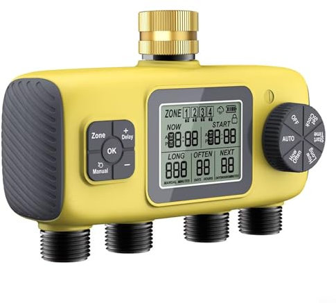 Sileduove Automatic 4-Way Garden Irrigation Timer Watering Control System with for BSP 3/4 Thread for Water Saving Outdoor Gardening, Automatic Watering