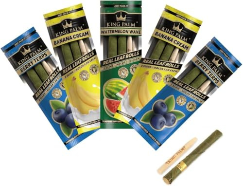 King Palm 10 Flavoured Pre Rolled Cones - 5pc Multipack (Slims) 1.5g - (Banana Cream, Blueberry Terp, Watermelon Wave) - 10 Pack with 5 Bamboo Packing Stick