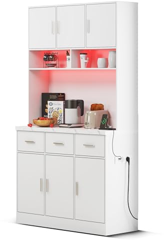 Dolamaní Küchenschrank mit LED-Beleuchtung mit Fernbedienung, verstellbaren Einlegeböden, Kabelführungslöchern & Steckdosen, Küchenbuffet mit 6 Türen & 3 Schuladen MDF, 100x40x180 cm, Weiß (C)