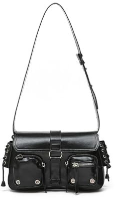 Y2K Mode Umhängetasche für Frauen, Tasche aus schwarzem PU-Leder klein im Punk-Stil, Hobo Bag für den täglichen Gebrauch, Schwarz