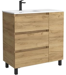 Cygnus Bath Mueble de Baño BEQUIA Plus 3C 90cm Roble | Lavabo Porcelana Grifo Izquierda