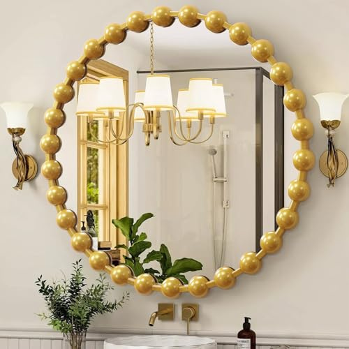 AAZZKANG Goldene Perlenspiegel mit Metall gerahmt Großer runder Wandspiegel 70cm Heimdekoration für Badezimmer Schlafzimmer Wohnzimmer Eingangsbereich