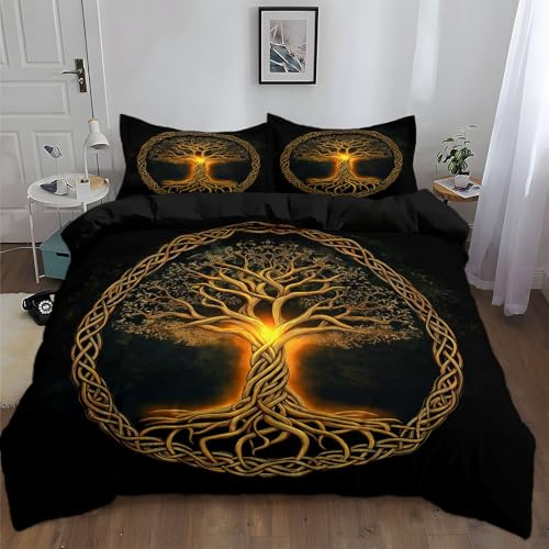 Keltischer Knoten Lebensbaum Bettwäsche Set 135 x 200 cm, 3D Bettbezug Set Schwarz Leichtgewichtig Betten Set mit Reißverschluss, für alle Jahreszeiten Bequem und Atmungsaktiv Weich Bettwäsche